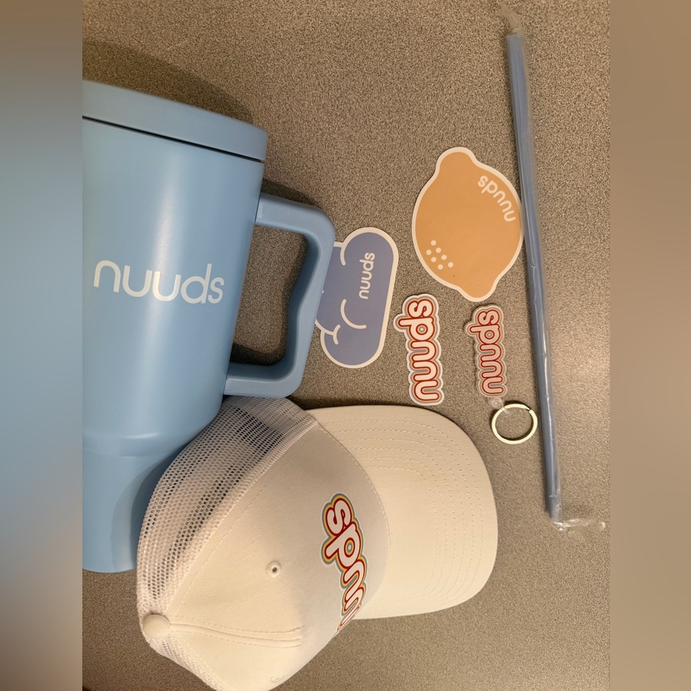 nuuds Light Blue Mug with White Trucker Hat and Stickers